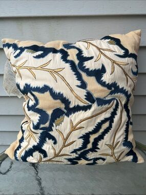 Waverly Cream, Navy and Gold Embroidered Accent Pillow